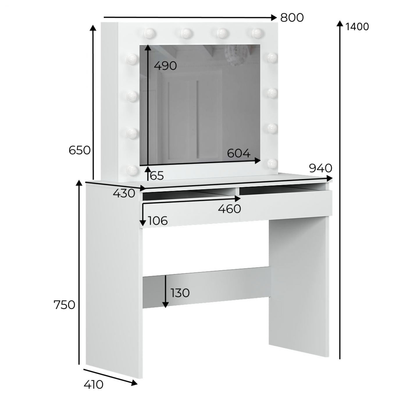 Косметический столик с зеркалом и подсветкой Malta 94×140/75×43 см
