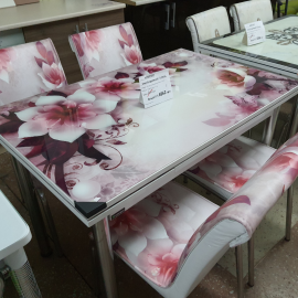 Стол стекло/хром/дсп + 4 стула (мягкий)№1301 (розовый цветок) 110*70 (170*70)