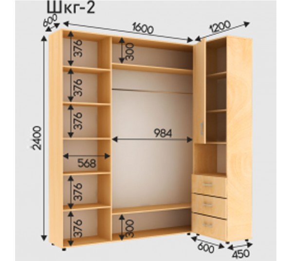 Шкаф-Купе угловой с Пеналом ШКГ - 2 (1600x600x2200/2400)
