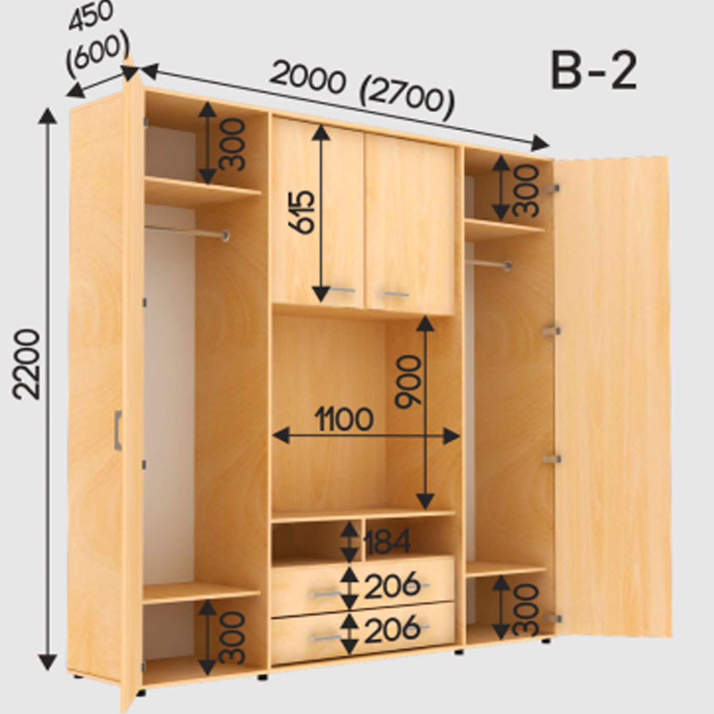 ШТВ 1 В-2 (Платяний + TV + Платяний) Висота 2200